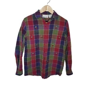 Casey & Max Vintage cotton cherry plaid button shirt Cabincore Cottagecore 258